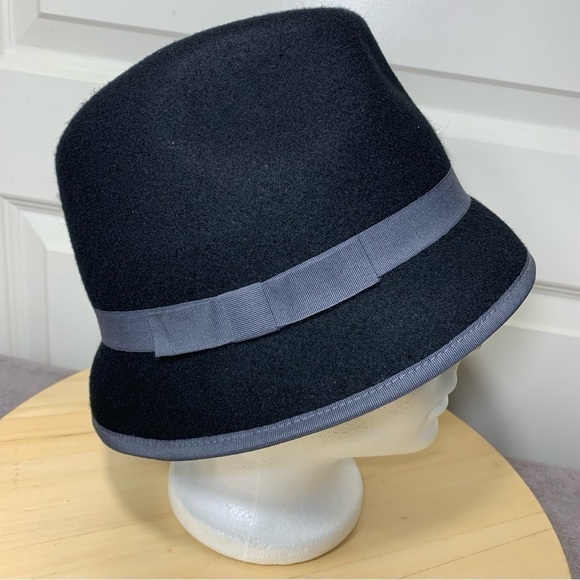 Attitude minimalist timeless black gray ribbon trim 100% wool fedora bucket hat - Picture 5 of 12